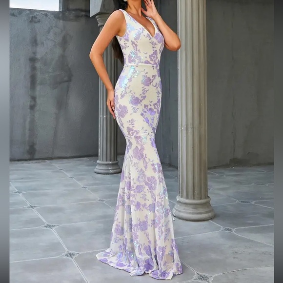 Luxe plunging V neck mermaid hem prom party sequins dress - Picture 5 of 5